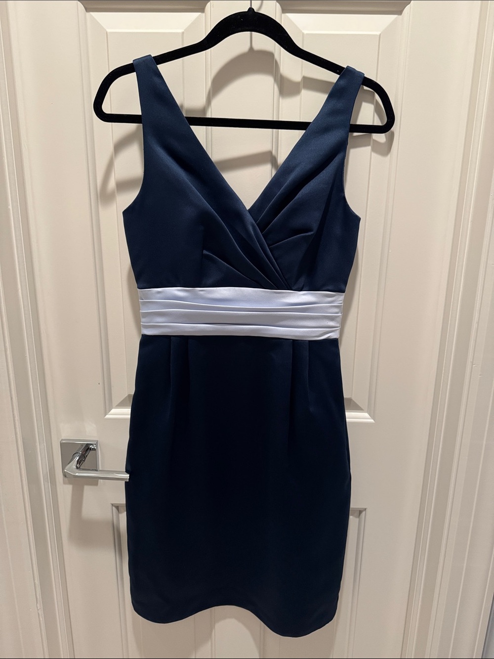 Sleeveless Navy Midi Dress with White Satin Waistband